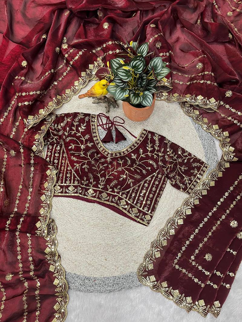 maroon color designer embroidery work sequins jarl thread with cutwork border  satin silk blend saree