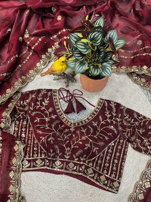 maroon color designer embroidery work sequins jarl thread with cutwork border  satin silk blend saree 4