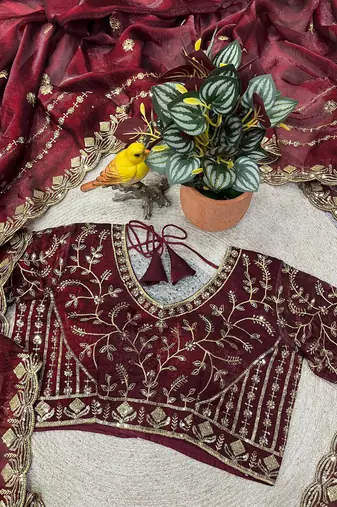 maroon color designer embroidery work sequins jarl thread with cutwork border  satin silk blend saree