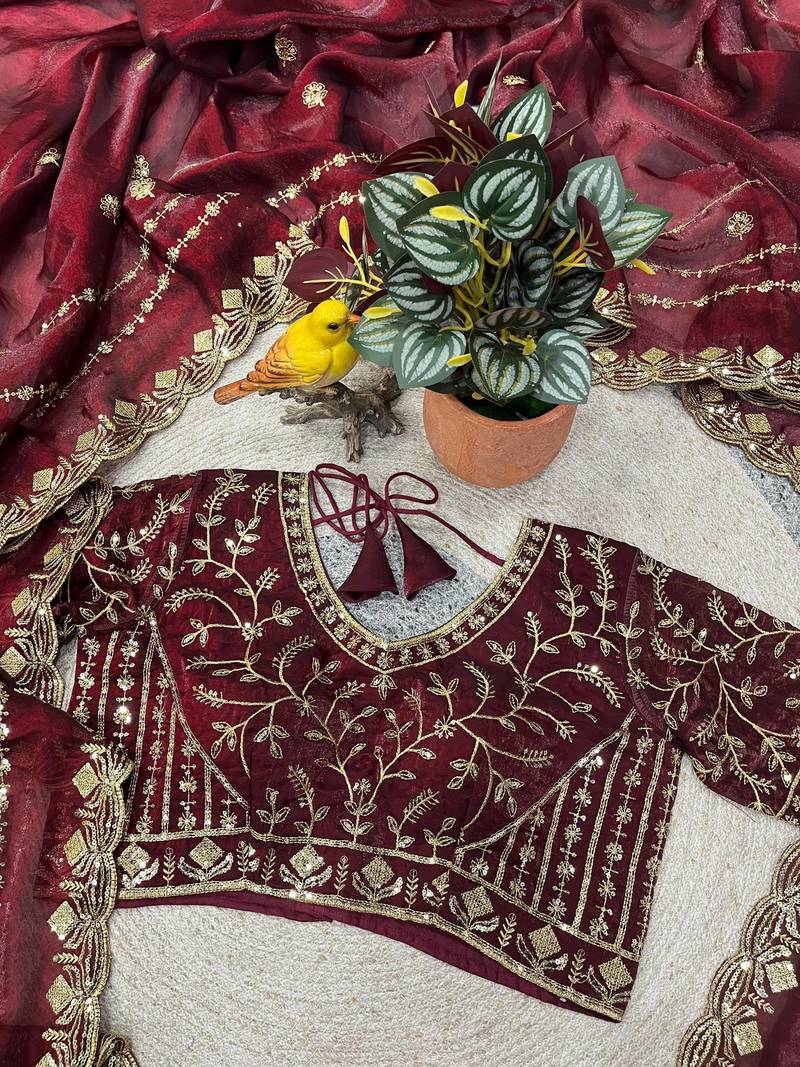 maroon color designer embroidery work sequins jarl thread with cutwork border  satin silk blend saree
