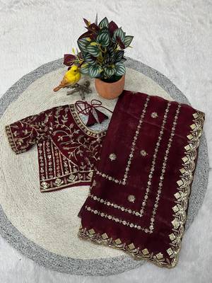 maroon color designer embroidery work sequins jarl thread with cutwork border  satin silk blend saree 5