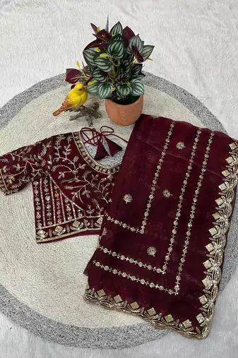 maroon color designer embroidery work sequins jarl thread with cutwork border  satin silk blend saree