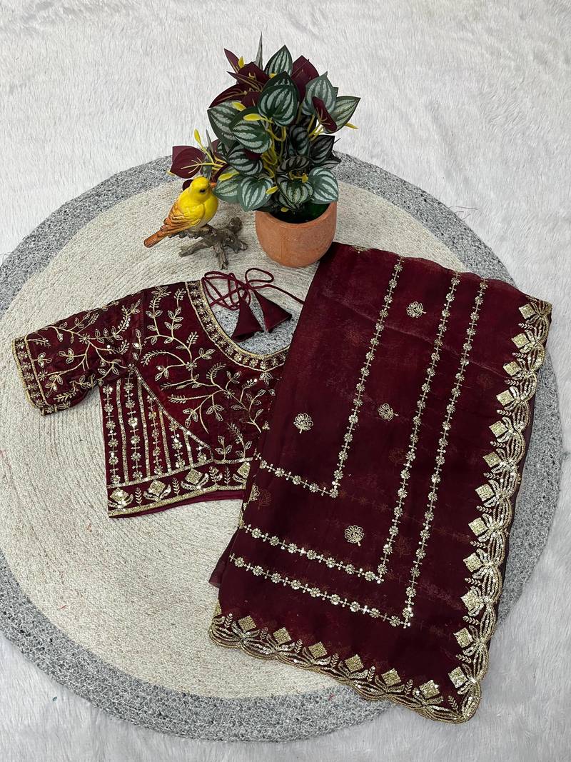 maroon color designer embroidery work sequins jarl thread with cutwork border  satin silk blend saree