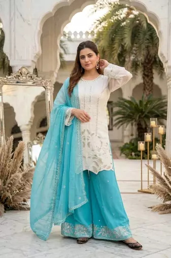 Blue Color Embroidery And Sequences Work Georgette Salwar Suit
