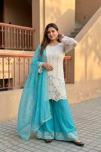 Blue Color Embroidery And Sequences Work Georgette Salwar Suit