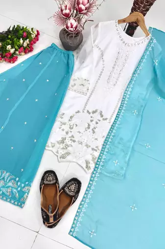 Blue Color Embroidery And Sequences Work Georgette Salwar Suit