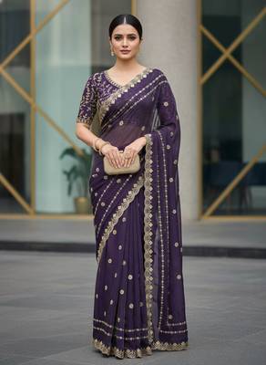 purple color designer embroidery work sequins jarl thread with cutwork border  satin silk blend saree 1