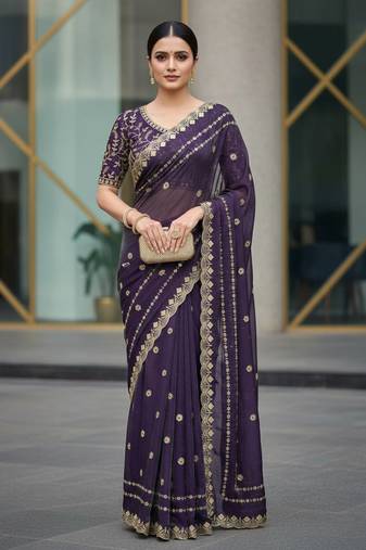 purple color designer embroidery work sequins jarl thread with cutwork border  satin silk blend saree