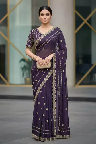 purple color designer embroidery work sequins jarl thread with cutwork border  satin silk blend saree