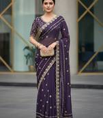 purple color designer embroidery work sequins jarl thread with cutwork border  satin silk blend saree