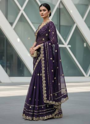 purple color designer embroidery work sequins jarl thread with cutwork border  satin silk blend saree 2