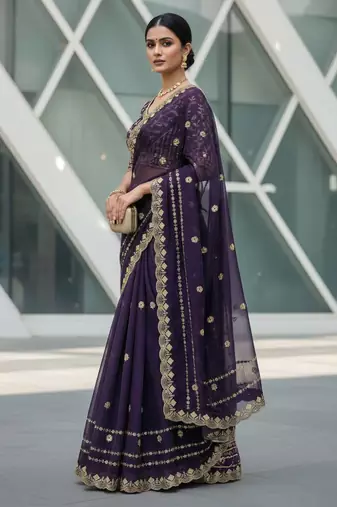 purple color designer embroidery work sequins jarl thread with cutwork border  satin silk blend saree
