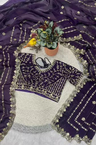 purple color designer embroidery work sequins jarl thread with cutwork border  satin silk blend saree
