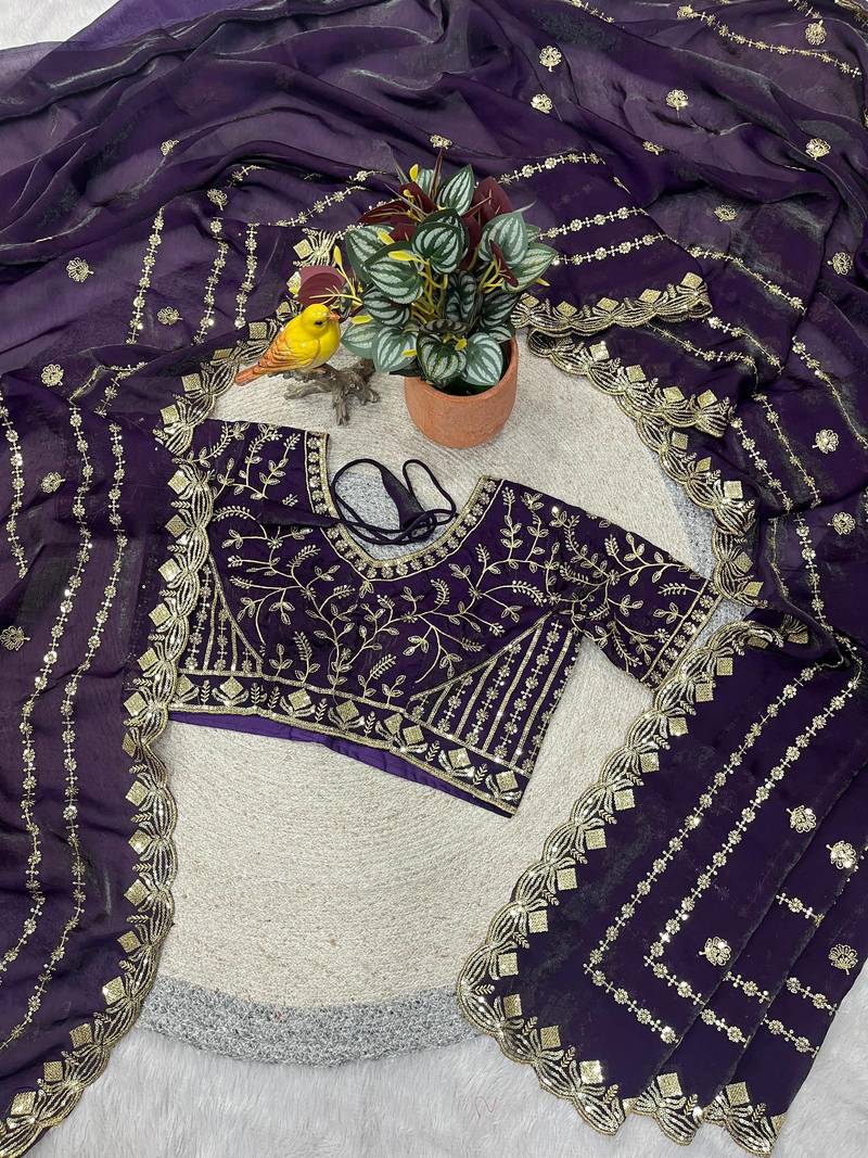 purple color designer embroidery work sequins jarl thread with cutwork border  satin silk blend saree