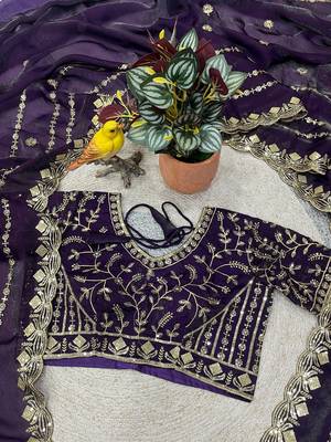 purple color designer embroidery work sequins jarl thread with cutwork border  satin silk blend saree 4