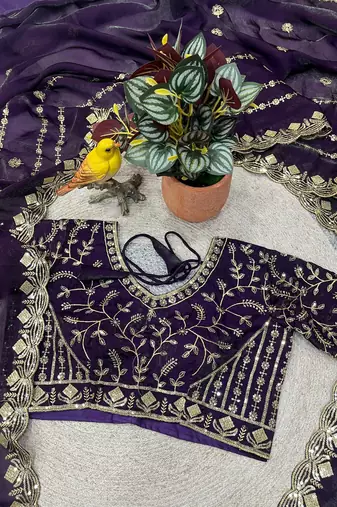 purple color designer embroidery work sequins jarl thread with cutwork border  satin silk blend saree