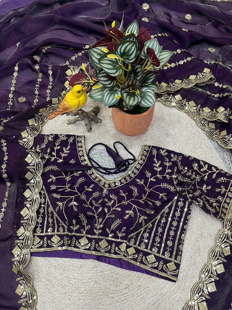 purple color designer embroidery work sequins jarl thread with cutwork border  satin silk blend saree
