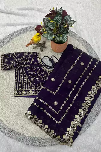purple color designer embroidery work sequins jarl thread with cutwork border  satin silk blend saree