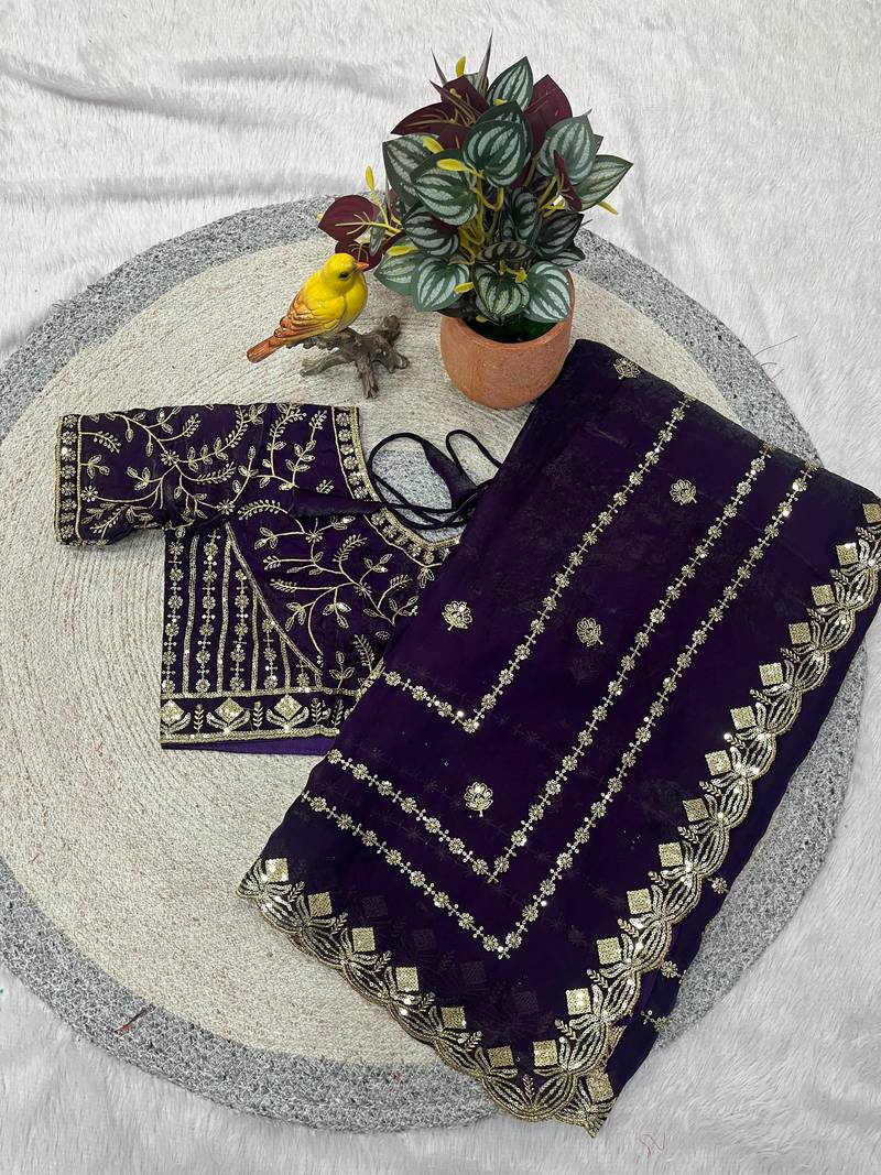 purple color designer embroidery work sequins jarl thread with cutwork border  satin silk blend saree