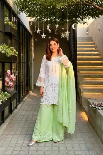 Light Green Color Embroidery And Sequences Work Georgette Salwar Suit
