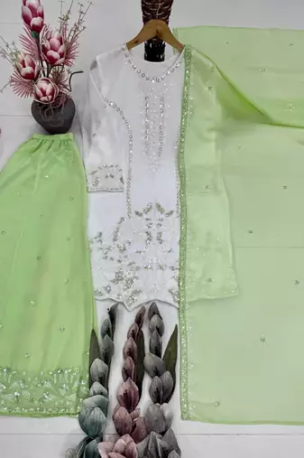 Light Green Color Embroidery And Sequences Work Georgette Salwar Suit