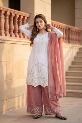White Color Embroidery And Sequences Work Georgette Salwar Suit 1