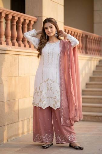 White Color Embroidery And Sequences Work Georgette Salwar Suit