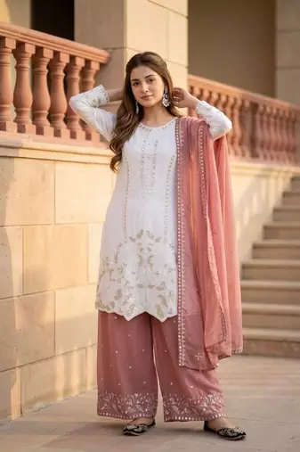 White Color Embroidery And Sequences Work Georgette Salwar Suit