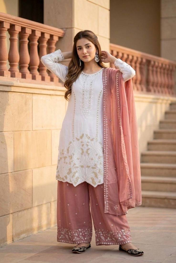 White Color Embroidery And Sequences Work Georgette Salwar Suit