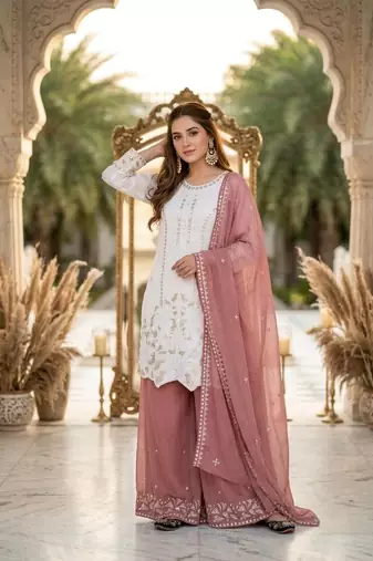 White Color Embroidery And Sequences Work Georgette Salwar Suit