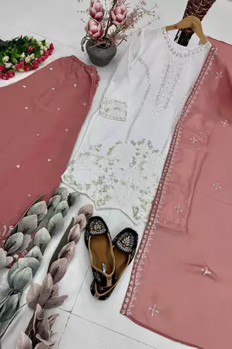 White Color Embroidery And Sequences Work Georgette Salwar Suit