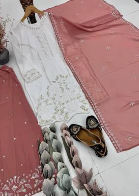 White Color Embroidery And Sequences Work Georgette Salwar Suit 4