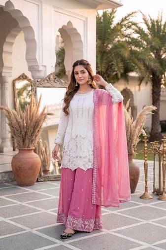 Pink Color Embroidery And Sequences Work Georgette Salwar Suit