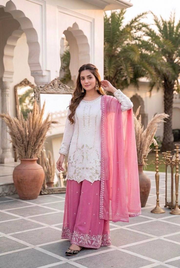 Pink Color Embroidery And Sequences Work Georgette Salwar Suit