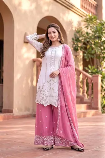 Pink Color Embroidery And Sequences Work Georgette Salwar Suit
