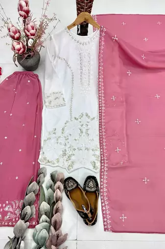 Pink Color Embroidery And Sequences Work Georgette Salwar Suit
