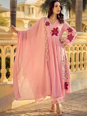 Women Floral Embroidered Pleated Thread Work Pure Cotton Kurta with Trousers & With Dupatta 1