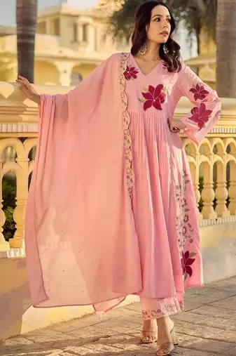 Women Floral Embroidered Pleated Thread Work Pure Cotton Kurta with Trousers & With Dupatta