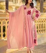 Women Floral Embroidered Pleated Thread Work Pure Cotton Kurta with Trousers & With Dupatta