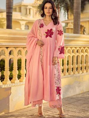 Women Floral Embroidered Pleated Thread Work Pure Cotton Kurta with Trousers & With Dupatta 4