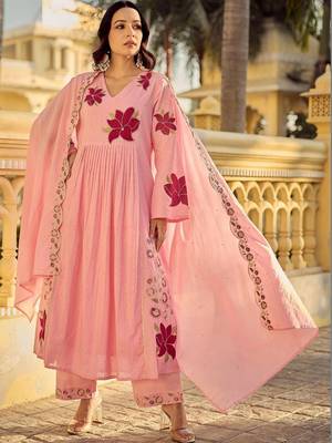 Women Floral Embroidered Pleated Thread Work Pure Cotton Kurta with Trousers & With Dupatta 5