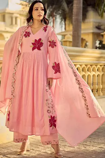 Women Floral Embroidered Pleated Thread Work Pure Cotton Kurta with Trousers & With Dupatta