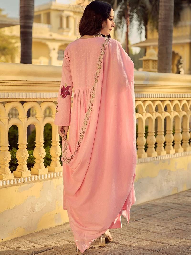 Women Floral Embroidered Pleated Thread Work Pure Cotton Kurta with Trousers & With Dupatta