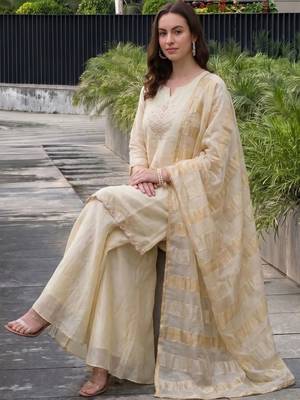 Women Ethnic Motifs Embroidered Regular Thread Work Silk Chiffon Kurta with Palazzos & With Dupatta 1
