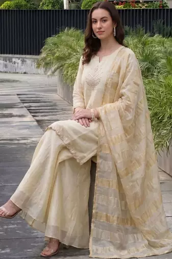Women Ethnic Motifs Embroidered Regular Thread Work Silk Chiffon Kurta with Palazzos & With Dupatta