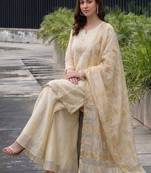 Women Ethnic Motifs Embroidered Regular Thread Work Silk Chiffon Kurta with Palazzos & With Dupatta