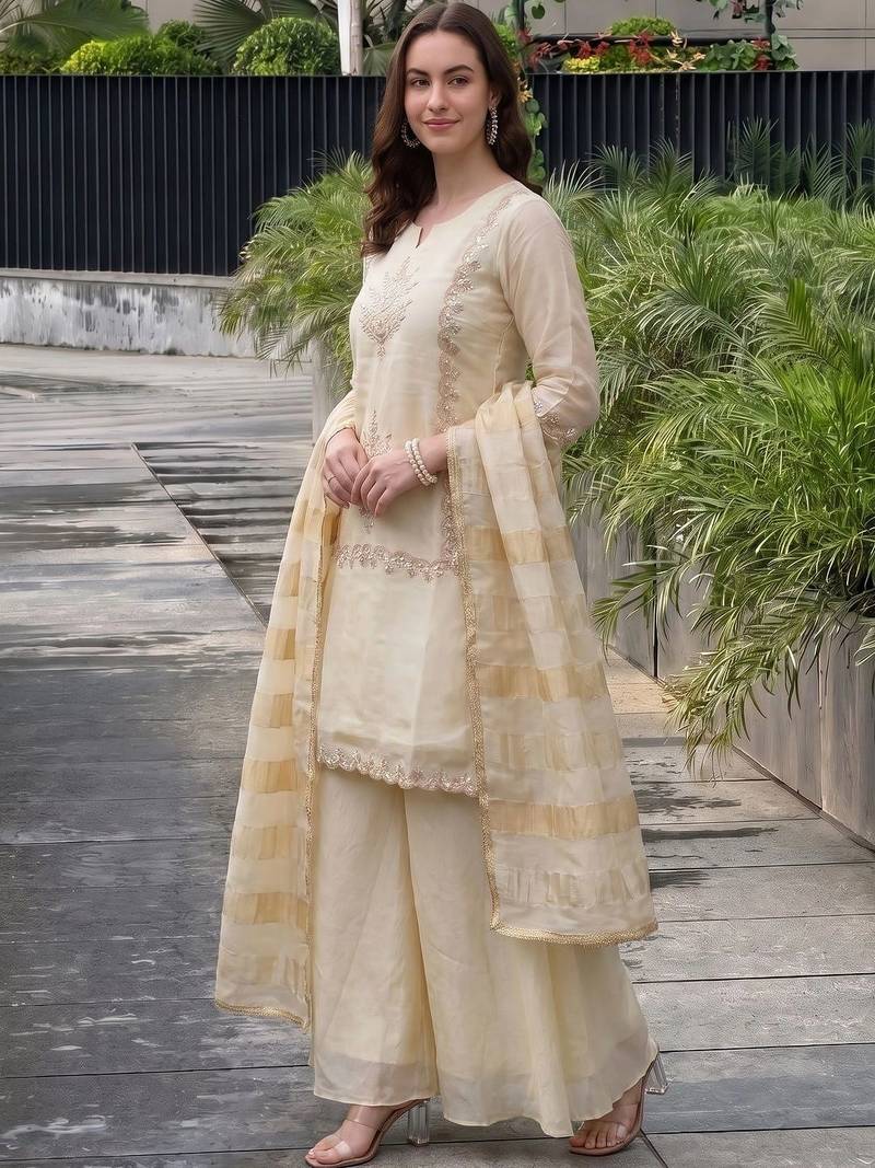 Women Ethnic Motifs Embroidered Regular Thread Work Silk Chiffon Kurta with Palazzos & With Dupatta