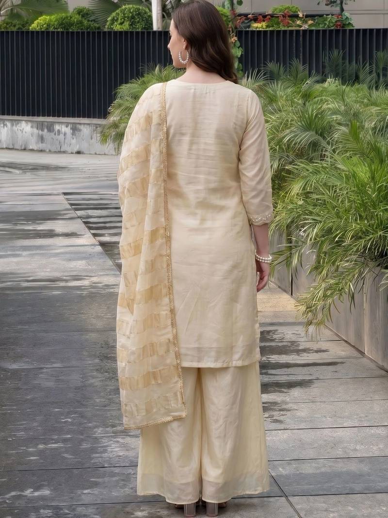 Women Ethnic Motifs Embroidered Regular Thread Work Silk Chiffon Kurta with Palazzos & With Dupatta