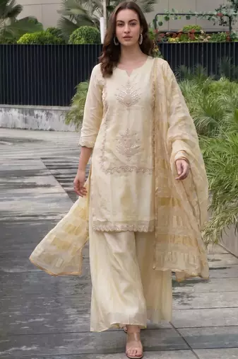 Women Ethnic Motifs Embroidered Regular Thread Work Silk Chiffon Kurta with Palazzos & With Dupatta