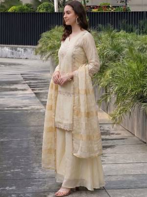 Women Ethnic Motifs Embroidered Regular Thread Work Silk Chiffon Kurta with Palazzos & With Dupatta 7